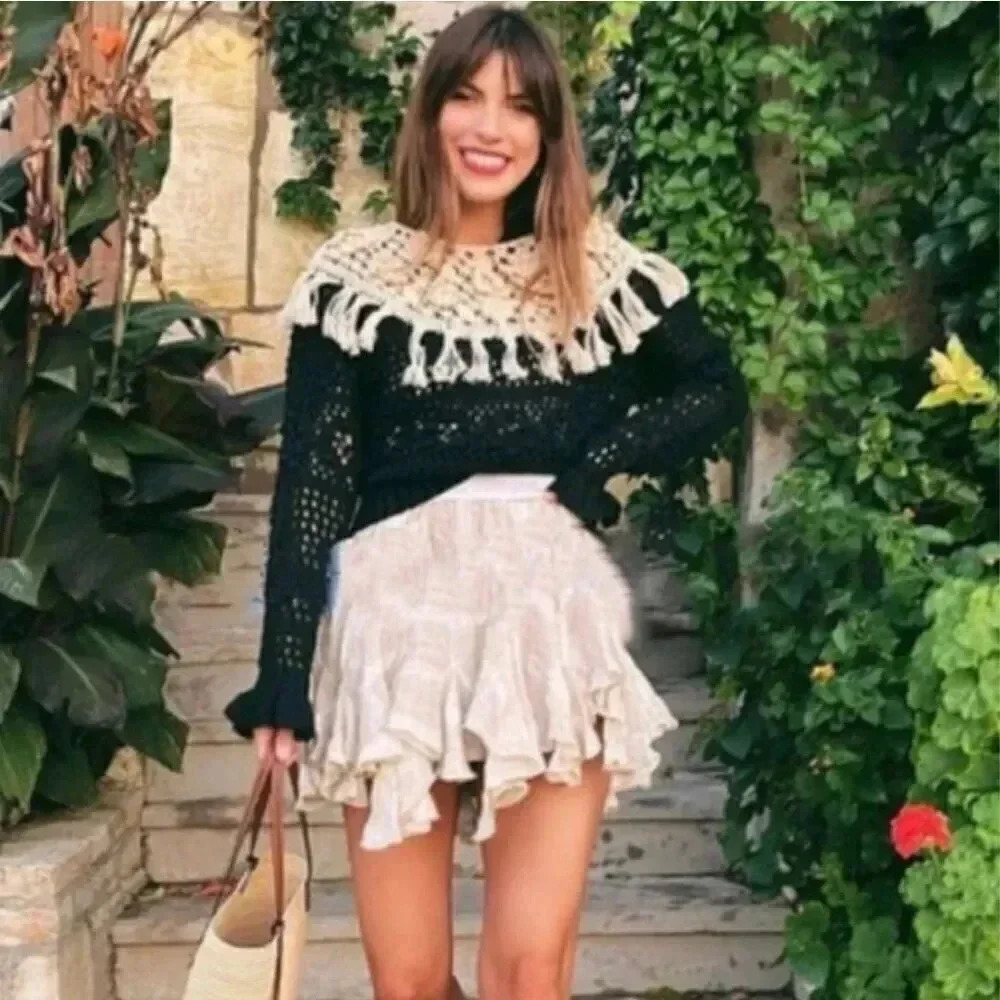 ZARA | Knit Crochet Black Ecru Handcrafted Cropped Sweater Boho Top | Size Small